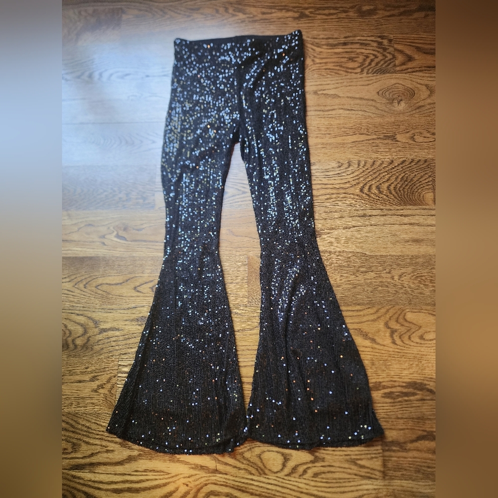 Stitch And Feather Black Sequin Flare Pants Size Large EUC